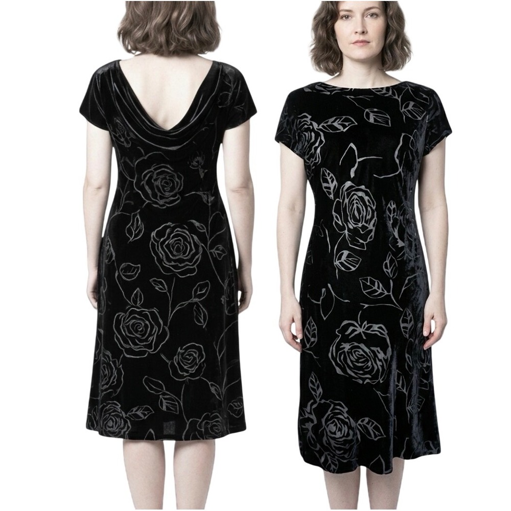 VTG 90s Robbie Bee Burnout Velvet Rose Lined Knee Dress Cowl Back Whimsigoth 10P